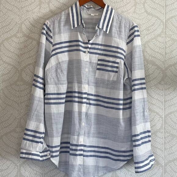 Blue, White Striped Cotton Button Down Lightweight Shirt Roll Tab Sleeves, 1X - Picture 1 of 13